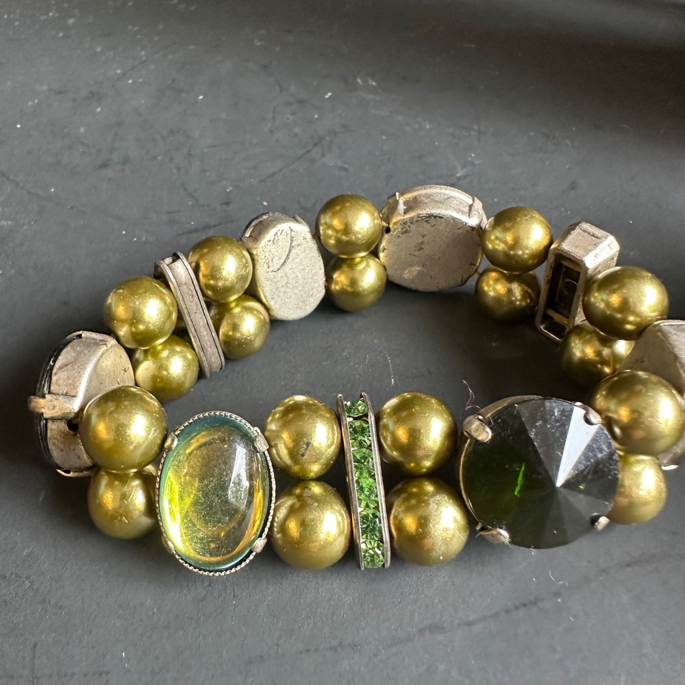 Olive Green Rhinestone Stretch Bracelet Faux Pearl Glass Cabochon Statement Boho